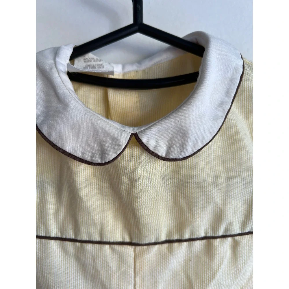 Vintage Yellow Seersucker Baby Romper Animal Embroidery Peter‎ Pan Collar 1/2